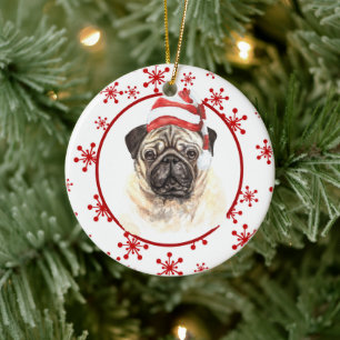 Pug Santa Hat Red Snowflake Kerstmis Keramisch Ornament