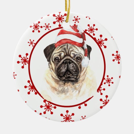 Pug Santa Hat Red Snowflake Kerstmis Keramisch Ornament (Voorkant)