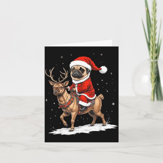 Pug Santa Riding Reindeer Christmas Holiday Puppy  Kaart (Voorkant)