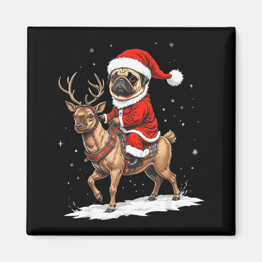 Pug Santa Riding Reindeer Christmas Holiday Puppy  Magneet (Voorkant)
