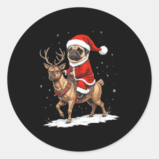 Pug Santa Riding Reindeer Christmas Holiday Puppy  Ronde Sticker (Voorkant)