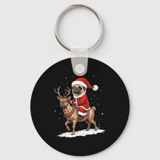 Pug Santa Riding Reindeer Christmas Holiday Puppy  Sleutelhanger (Voorkant)