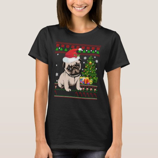 Pug Santa Ugly- Vrolijk Kerstfeest met Cadeauboom  T-shirt (Voorkant)