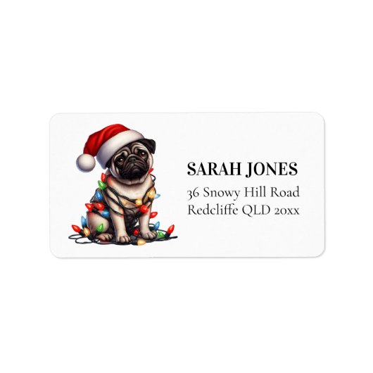 Pug Schattige Waterverf Hondenkerstwensen Etiket (Voorkant)