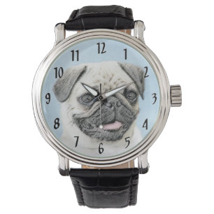 Pug schilderen - Kute Original Dog Art Horloge