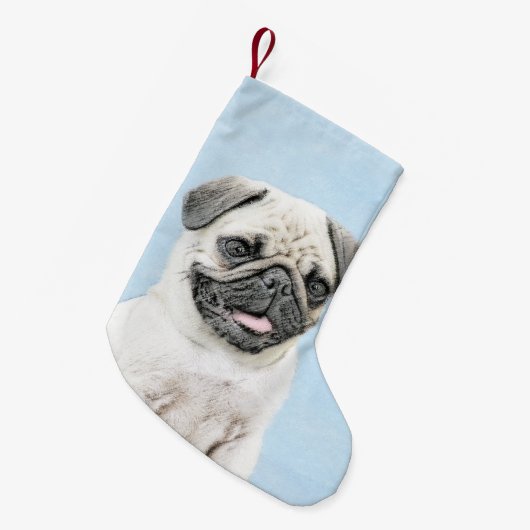 Pug schilderen - Kute Original Dog Art Kleine Kerstsok (Voorkant (Hangend))