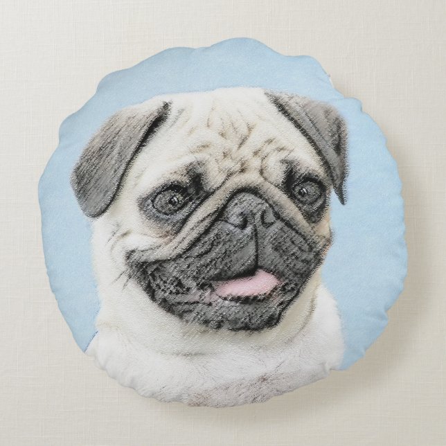 Pug schilderen - Kute Original Dog Art Rond Kussen (Achterkant)