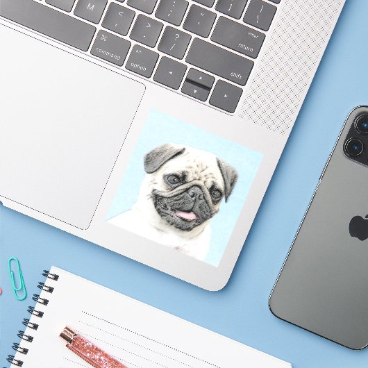 Pug schilderen - Kute Original Dog Art Sticker (Laptop met iPhone)