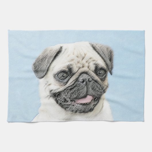 Pug schilderen - Kute Original Dog Art Theedoek (Horizontaal)