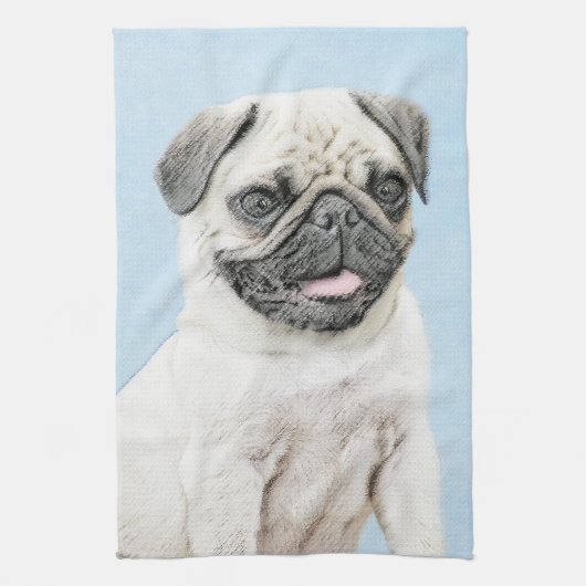 Pug schilderen - Kute Original Dog Art Theedoek (Verticaal)