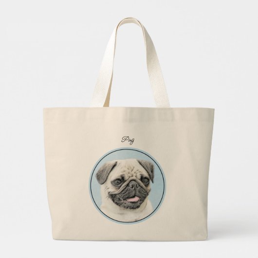 Pug Schilderij Fawn Zilver Schattige Originele Pet Grote Tote Bag (Achterkant)