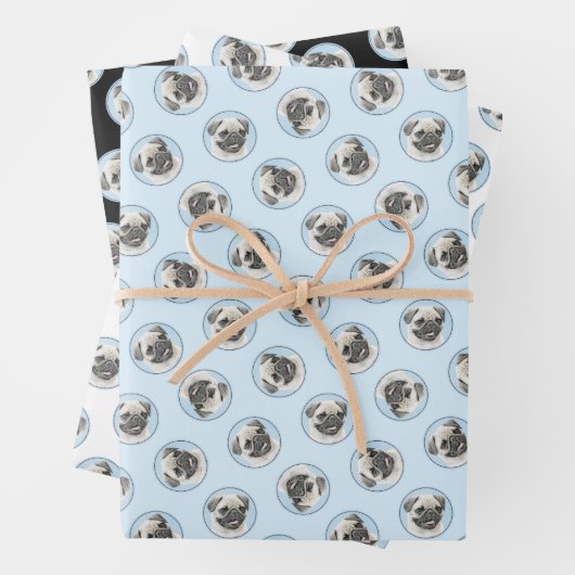 Pug Schilderij Fawn Zilver Schattige Originele Pet Inpakpapier Vel (In situ)