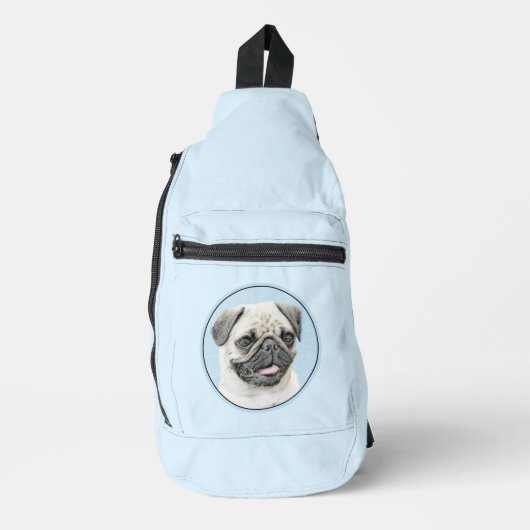 Pug Schilderij Fawn Zilver Schattige Originele Pet Sling Bag (Voorkant)