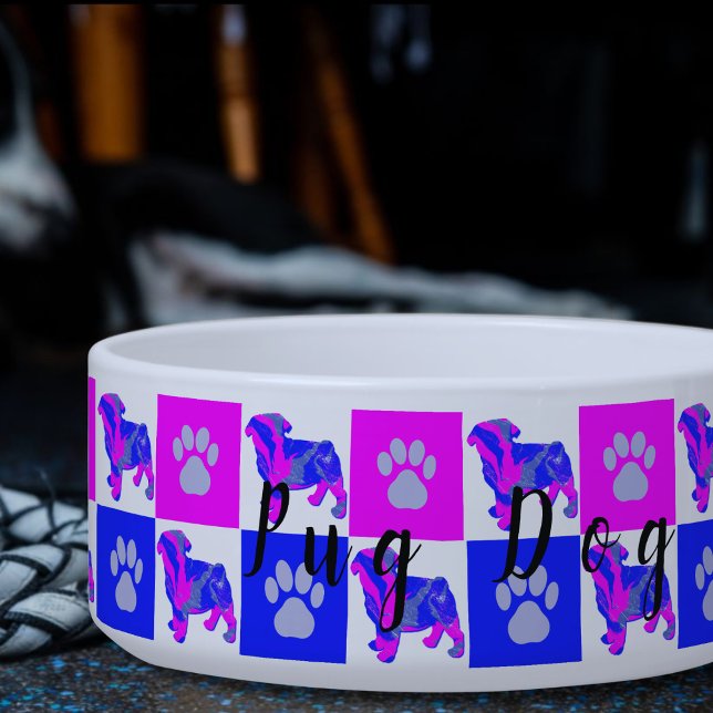 Pug Silhouette Dog & Paw Hot Pink & Blue Pet Bowl Voerbakje (Creator heeft geüpload)