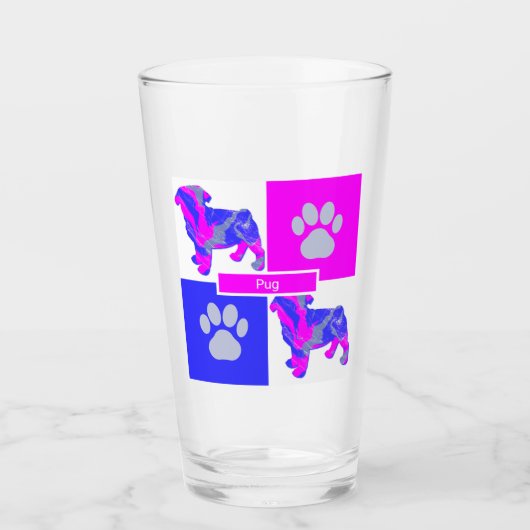 Pug Silhouette Dog & Paw Pink and Blue Square Glas (Voorkant)