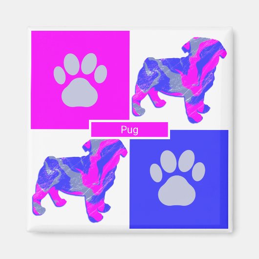 Pug Silhouette Dog & Paw Pink and Blue Square Magneet (Voorkant)