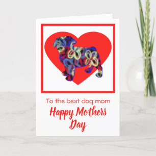 Pug Silhouette Dog Red Heart Kaart moederdag