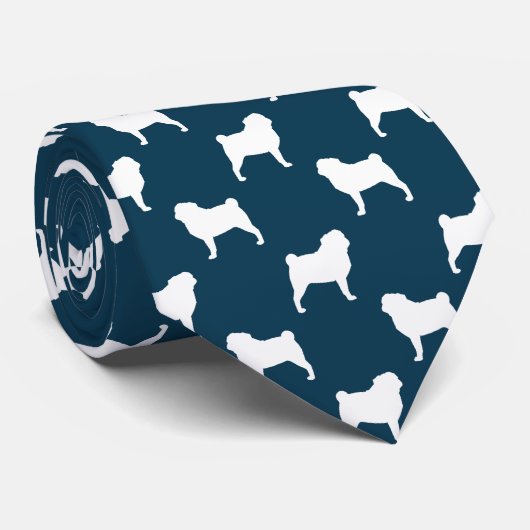 Pug Silhouetten | Honden Patroon Blauw en Wit Stropdas (Opgerold)