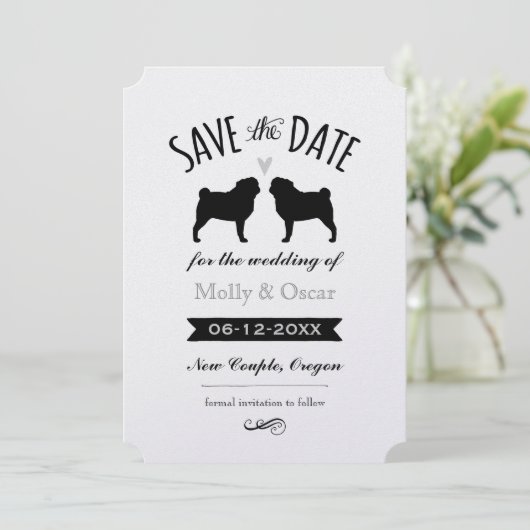 Pug Silhouettes Wedding Save the Date Uitnodiging (Staand voorkant)