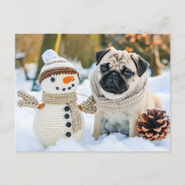 Pug Sitting Next to Snowman in Winter Briefkaart