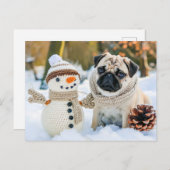 Pug Sitting Next to Snowman in Winter Briefkaart (Voorkant / Achterkant)