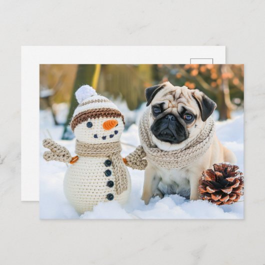 Pug Sitting Next to Snowman in Winter Briefkaart (Voorkant / Achterkant)
