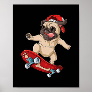 Pug Skateboard T-shirt Hond Puppy Grappige Skater Poster
