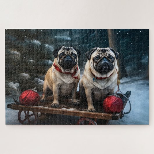 Pug Sneeuw Sleigh Kerst Decoratie Legpuzzel (Horizontaal)