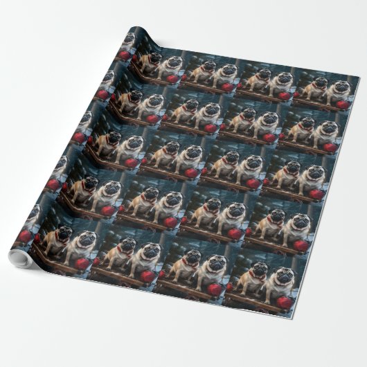 Pug Snowy Sleigh Kerstmisdecor Cadeaupapier (Uitgerold)