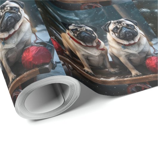 Pug Snowy Sleigh Kerstmisdecor Cadeaupapier (Rol Hoek)