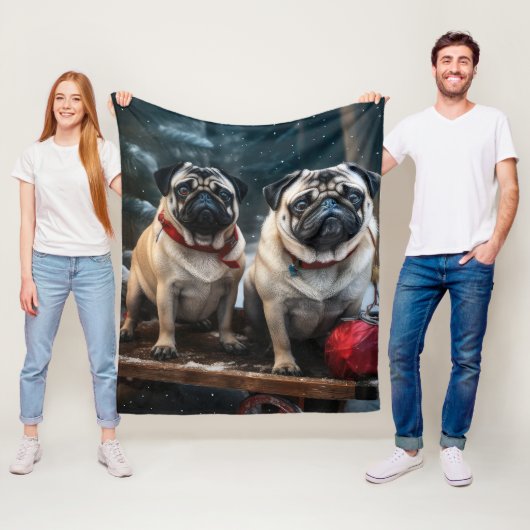 Pug Snowy Sleigh Kerstmisdecor Fleece Deken (In situ)