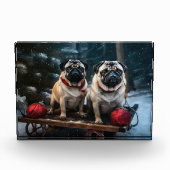 Pug Snowy Sleigh Kerstmisdecor Fotoblokken (Voorkant)