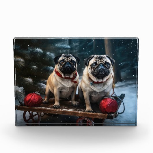 Pug Snowy Sleigh Kerstmisdecor Fotoblokken (Voorkant)