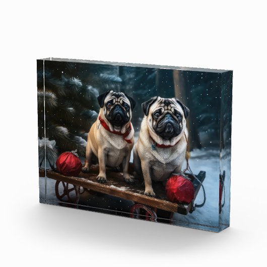 Pug Snowy Sleigh Kerstmisdecor Fotoblokken (Rechts)