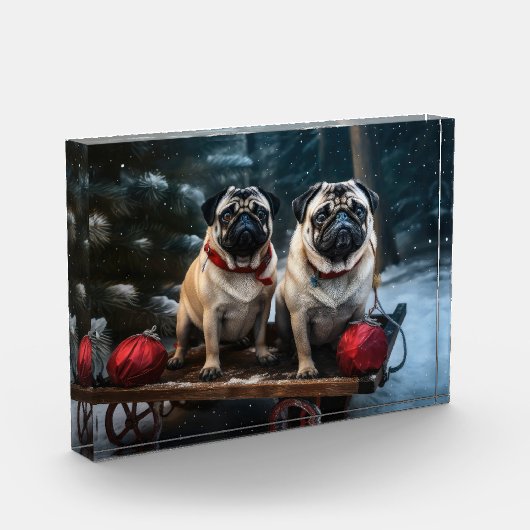 Pug Snowy Sleigh Kerstmisdecor Fotoblokken (Links)