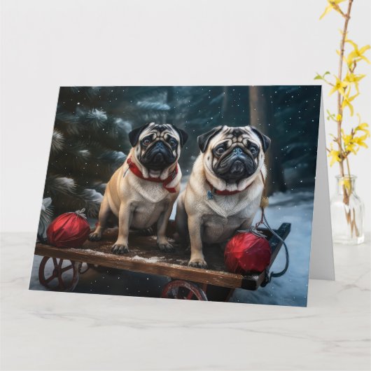 Pug Snowy Sleigh Kerstmisdecor Kaart (Gele Bloem)