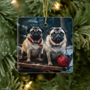 Pug Snowy Sleigh Kerstmisdecor Keramisch Ornament