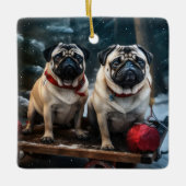Pug Snowy Sleigh Kerstmisdecor Keramisch Ornament (Voorkant)