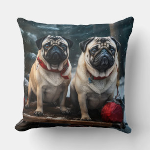 Pug Snowy Sleigh Kerstmisdecor Kussen