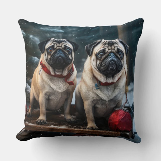 Pug Snowy Sleigh Kerstmisdecor Kussen (Voorkant)