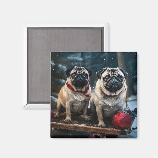 Pug Snowy Sleigh Kerstmisdecor Magneet (Voorkant / Achterkant)