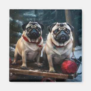 Pug Snowy Sleigh Kerstmisdecor Magneet