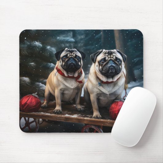 Pug Snowy Sleigh Kerstmisdecor Muismat (Met muis)