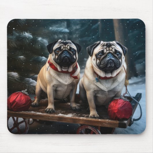 Pug Snowy Sleigh Kerstmisdecor Muismat (Voorkant)