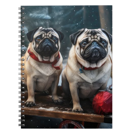 Pug Snowy Sleigh Kerstmisdecor Notitieboek (Voorkant)
