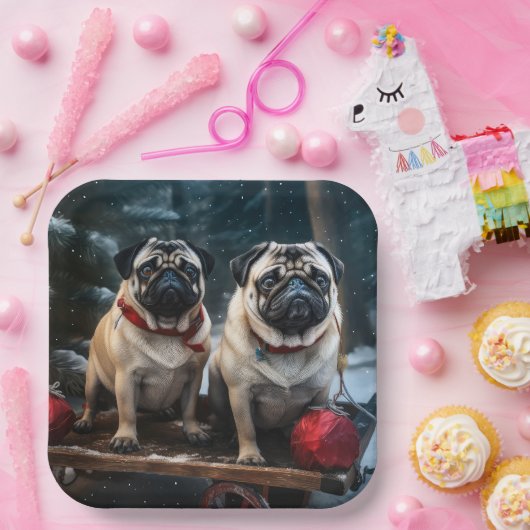 Pug Snowy Sleigh Kerstmisdecor Papieren Bordje (Feest)