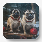 Pug Snowy Sleigh Kerstmisdecor Papieren Bordje (Voorkant)