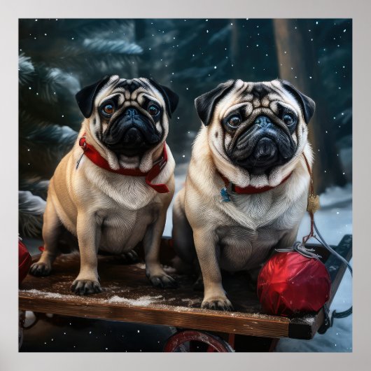 Pug Snowy Sleigh Kerstmisdecor Poster (Voorkant)
