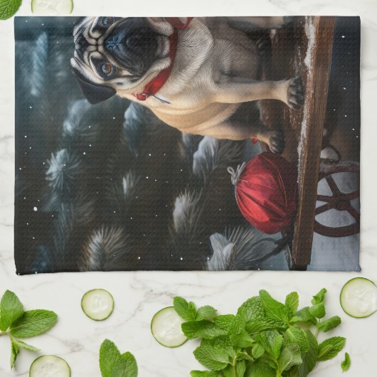 Pug Snowy Sleigh Kerstmisdecor Theedoek (Gevouwen)