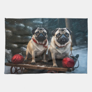 Pug Snowy Sleigh Kerstmisdecor Theedoek
